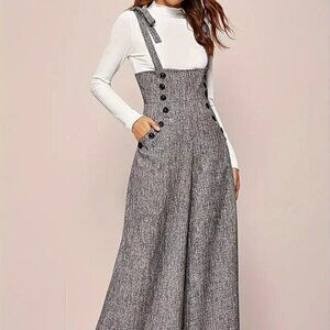 Button Decor Wide Leg Tie Strap Jumpsuit